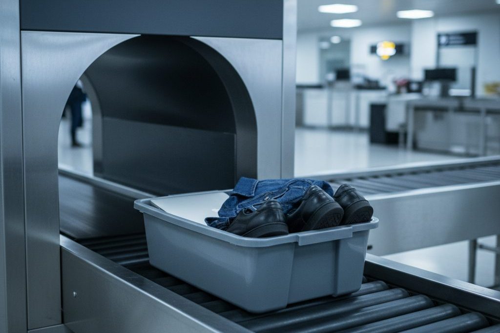 Gray security tray on an x-ray conveyor belt at an airport checkpoint