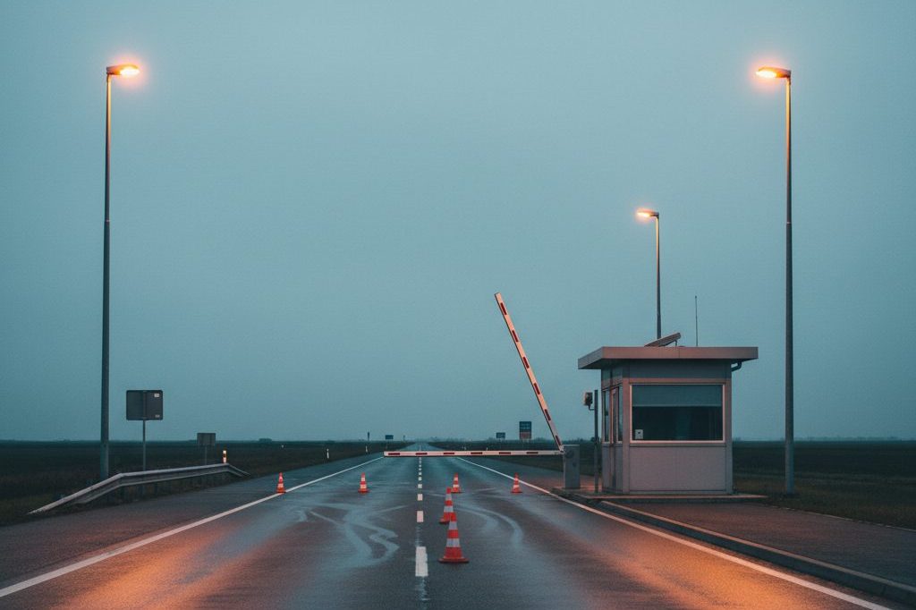 Generic international border crossing with a raised boom gate at dusk