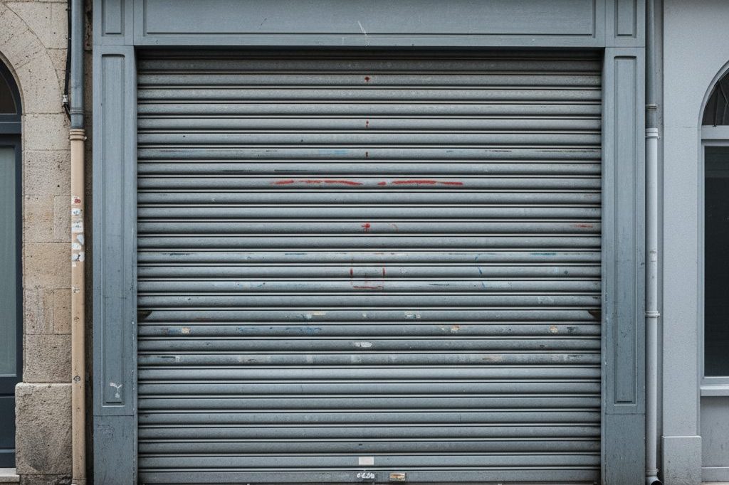 Closed metal roll-down shop shutter with a padlock on an empty cobblestone street
