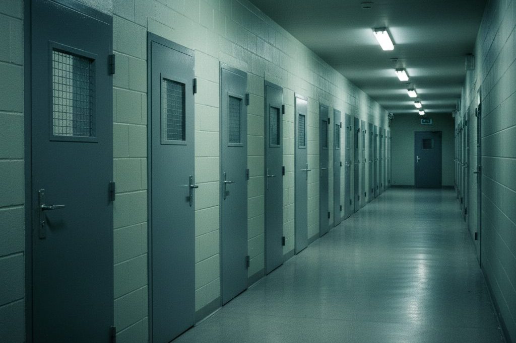 Empty institutional corridor with heavy metal doors under fluorescent lighting