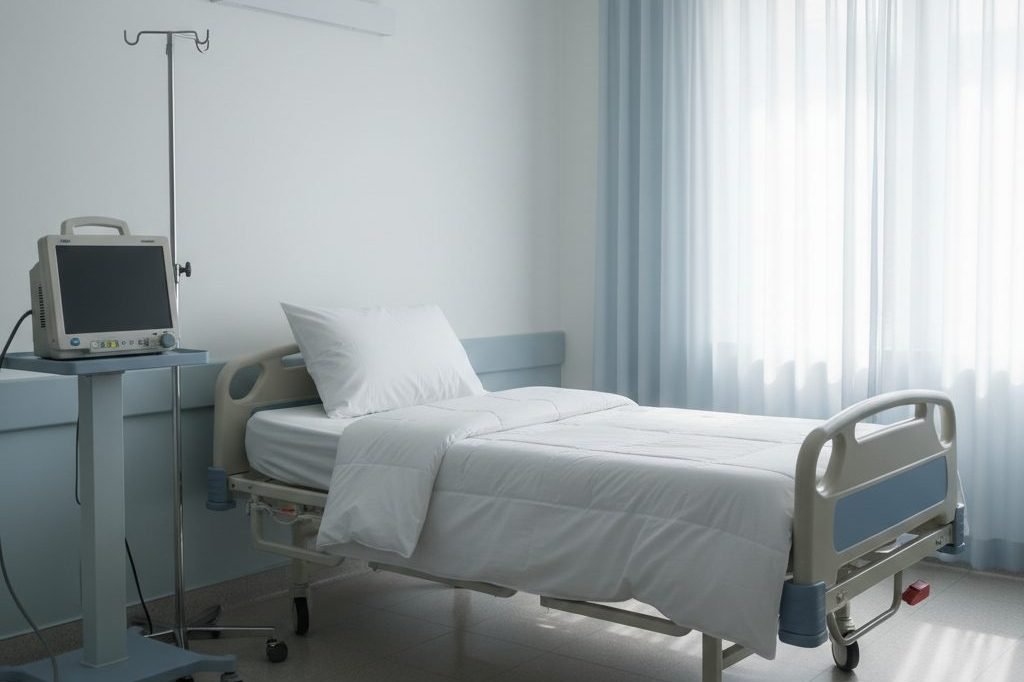 Empty hospital room with a made bed, IV pole, and morning light through a window