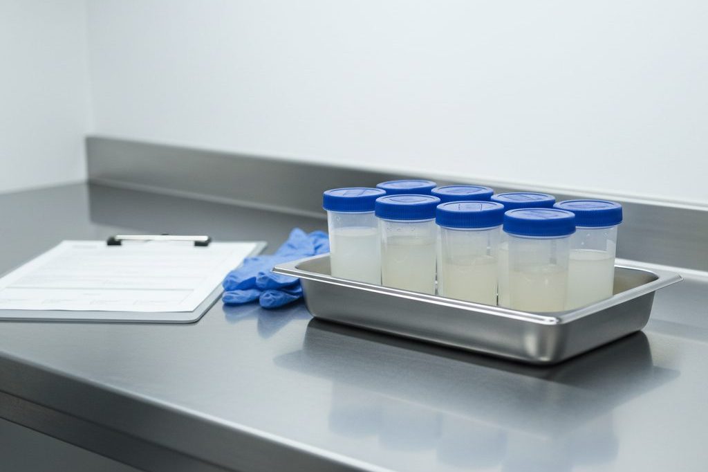 Row of sealed plastic specimen cups on a stainless steel tray in a clinical lab