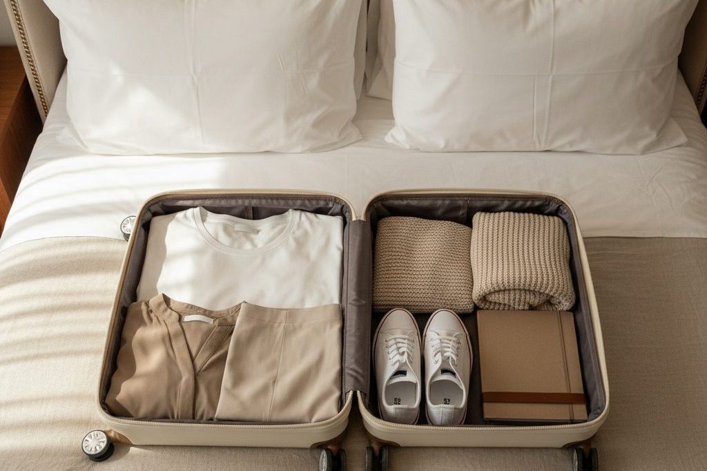 Open suitcase half-packed with folded clothes on a made hotel bed