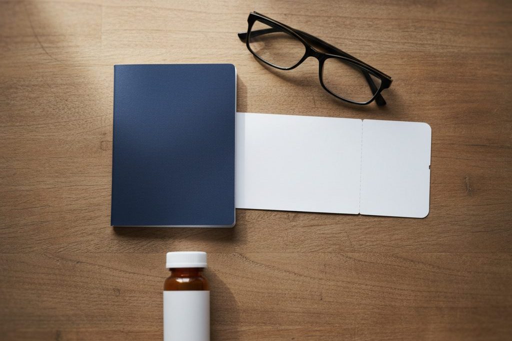 Flat-lay of a blank passport, boarding pass, and unlabeled prescription bottle on a wooden table