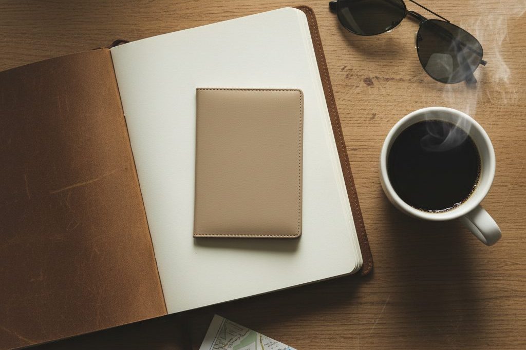 Flat-lay of a blank passport on a leather journal beside coffee, sunglasses, and a folded map