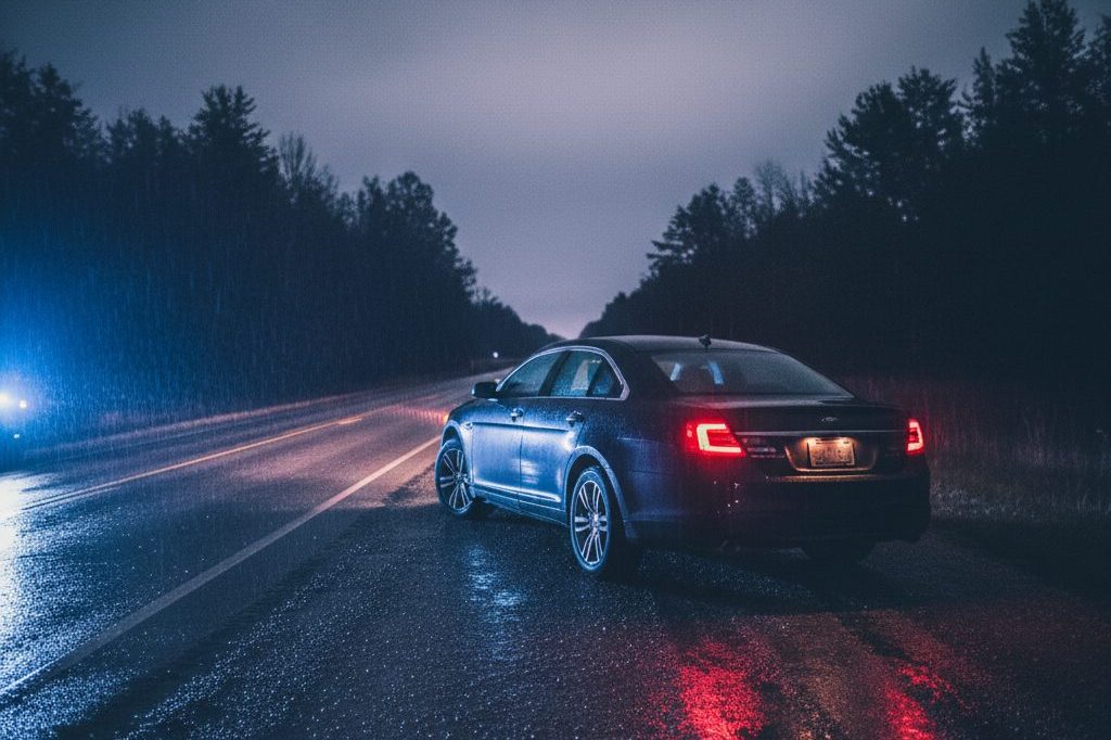 Unmarked sedan pulled over on a dark rural road with red and blue lights reflecting on wet asphalt