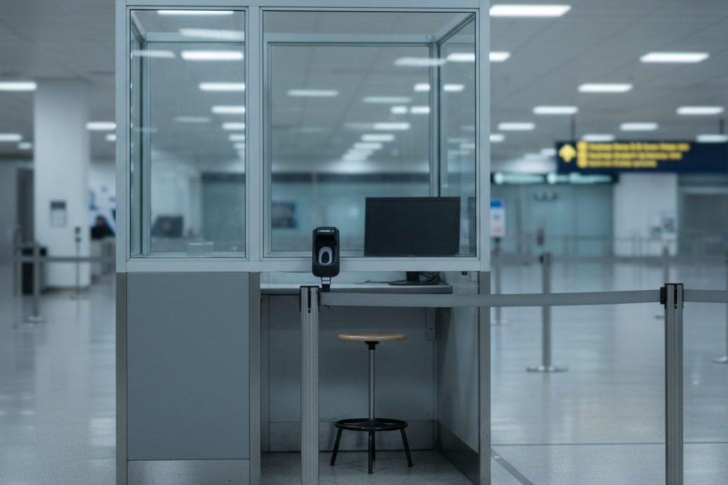 Empty customs inspection booth with fingerprint scanner and blank monitor at an airport arrivals hall