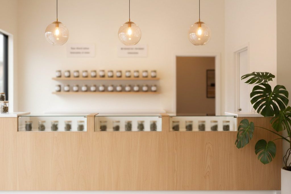 Interior of a modern cannabis dispensary with a clean wood retail counter and glass display cases