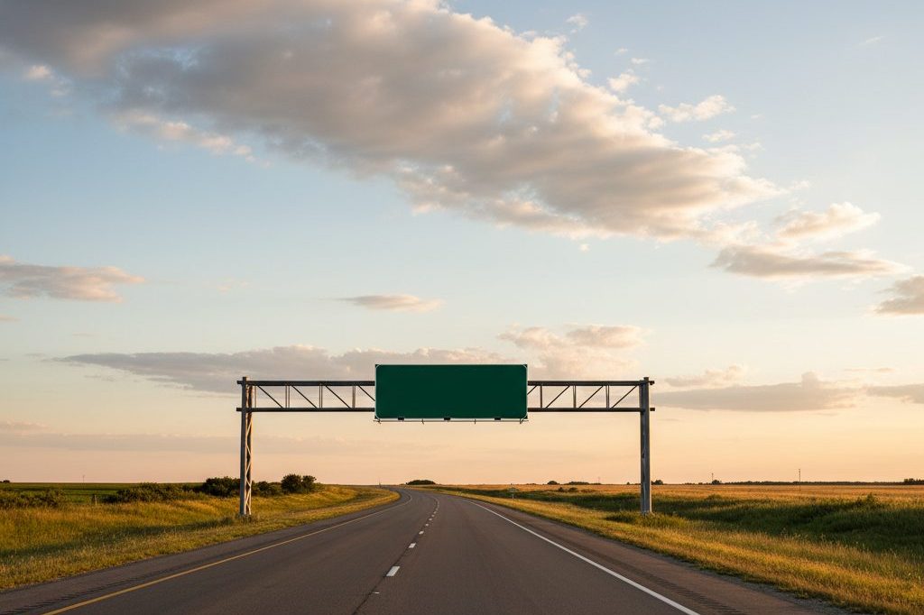 Empty American interstate highway with a blank green overhead guide sign under a wide sky