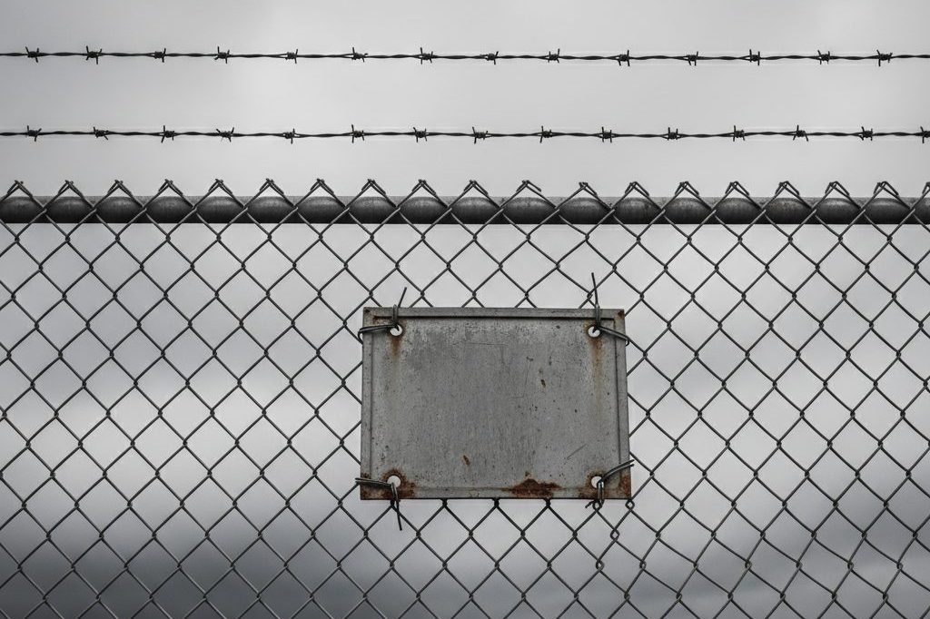 Chain-link fence topped with barbed wire and a blank weathered warning placard against an overcast sky