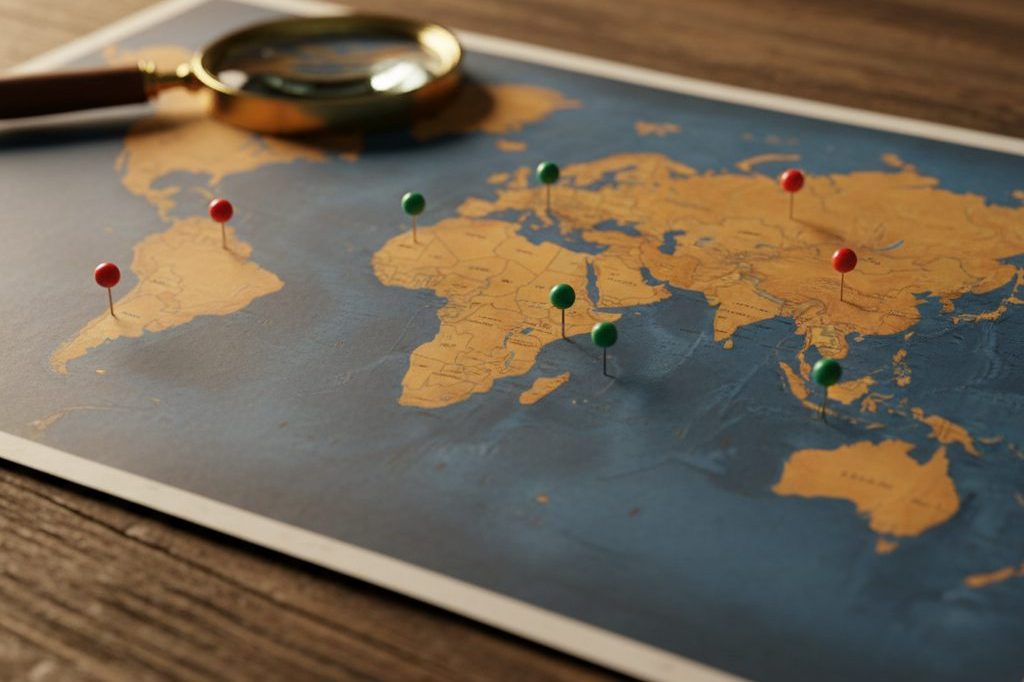 World map on a wooden desk with red and green pins marking locations